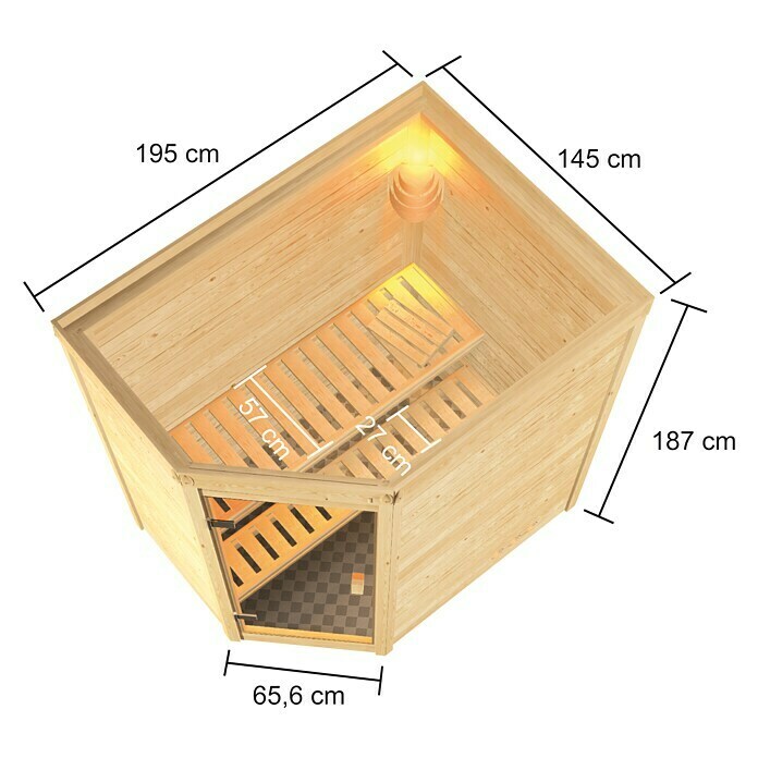 Karibu Massivholzsauna JellaMit 3,6 kW Saunaofen mit integrierter Steuerung, Ohne Dachkranz, Material Tür: Ganzglas Bronze, 145 x 195 x 187 cm View From Above