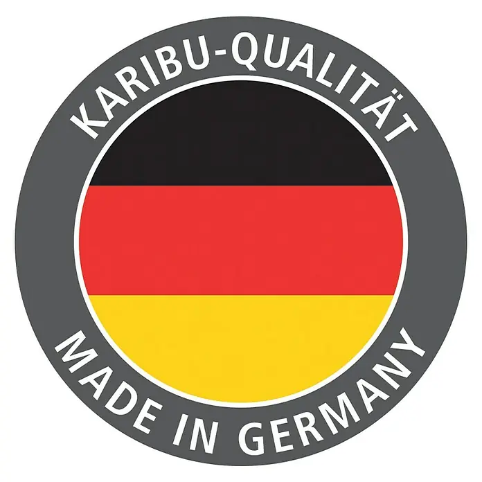 Karibu Massivholzsauna Jella - L x B x H: 145 x 195 x 187 cm, Ohne Dachkranz, 3,6 kW Saunaofen mit integrierter Steuerung - Qualitätssiegel mit der deutschen Flagge und dem Schriftzug "Karibu-Qualität" und "Made in Germany".