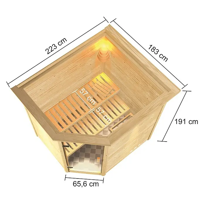 Karibu Massivholzsauna Elea - Mit Dachkranz und Beleuchtung, L x B x H: 183 x 223 x 191 cm - Blick in eine Holzsauna mit Bänken, Ofen und Glasfront, die das entspannende Saunaerlebnis hervorhebt.