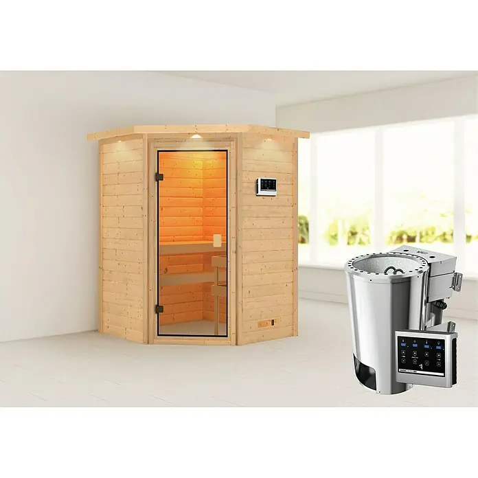 Karibu Massivholzsauna Antonia - Bioofen, Steuerung Ofen: Extern, L x B x H: 159 x 173 x 191 cm, Mit Dachkranz und Beleuchtung - Eine Indoor-Sauna mit Holzwänden, Glastür und einem silberfarbenen Saunaofen mit digitaler Steuerung für ein entspannendes Saunaerlebnis.