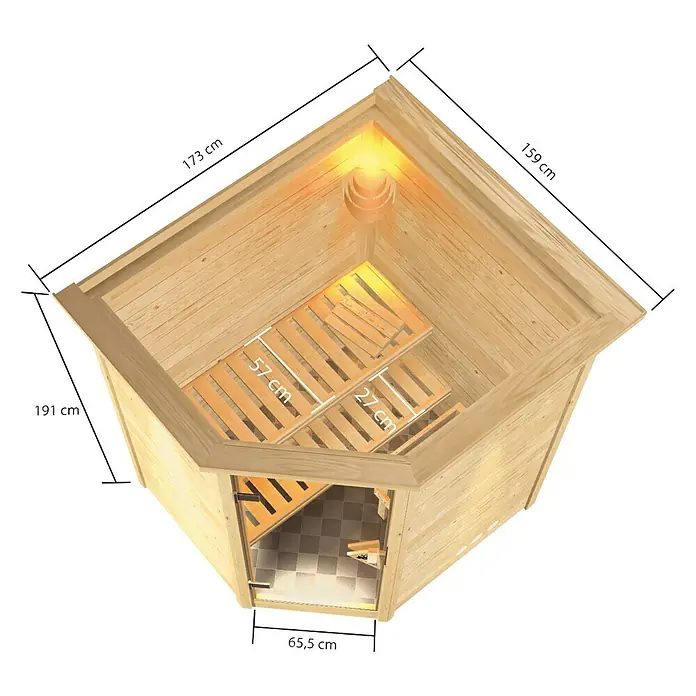 Karibu Massivholzsauna Antonia - Bioofen, Steuerung Ofen: Extern, L x B x H: 159 x 173 x 191 cm, Mit Dachkranz und Beleuchtung - Abbildung einer Ecksauna aus Holz mit Bemaßungen für Montage und Planung. Ideal für Entspannung und Wellness zu Hause.