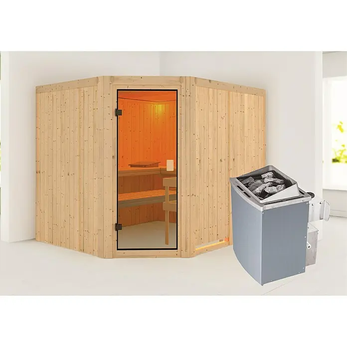 Karibu Elementsauna Horna - Mit 9 kW Saunaofen mit integrierter Steuerung, L x B x H: 196 x 231 x 198 cm - Abbildung einer modernen Sauna mit Holzwänden, Glastür und einem Saunaofen, ideal für Entspannung und Wellness zu Hause.