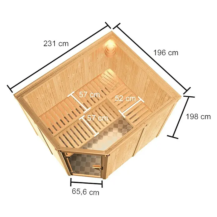 Karibu Elementsauna Horna - Mit 9 kW Saunaofen mit integrierter Steuerung, L x B x H: 196 x 231 x 198 cm - Ansicht einer Ecksauna mit Holzverkleidung und Glasfront. Die Maße sind eingezeichnet.