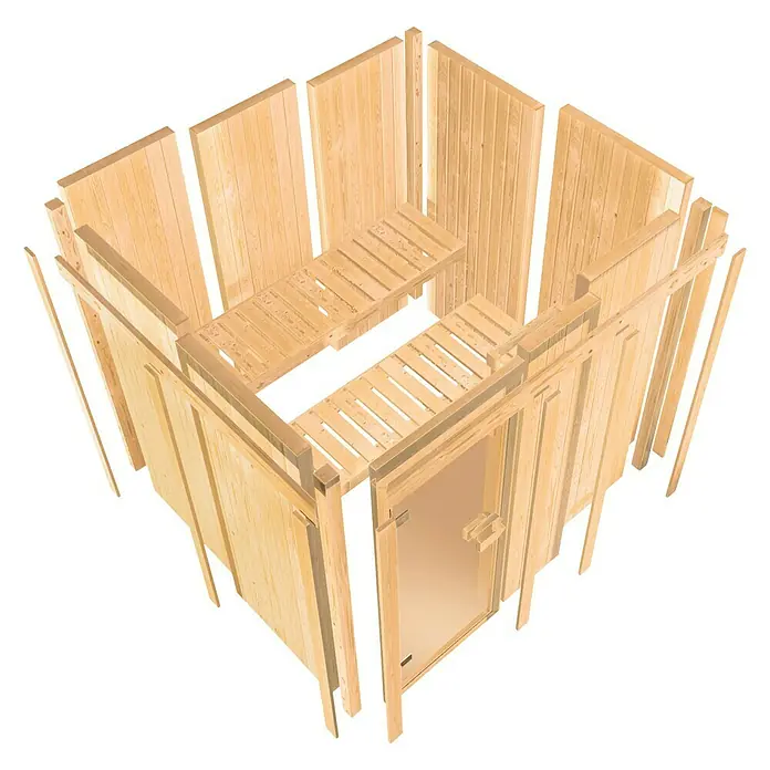 Karibu Elementsauna Horna - Mit 9 kW Saunaofen mit externer Steuerung, L x B x H: 196 x 231 x 198 cm - Holzsauna-Bausatz mit Glasfront für den Innenbereich. Ideal für entspannende Wellnessmomente zu Hause.