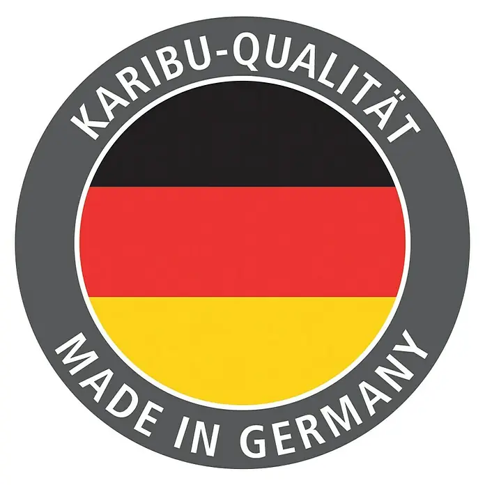Karibu Elementsauna Horna - Mit 9 kW Saunaofen mit externer Steuerung, L x B x H: 196 x 231 x 198 cm - Karibu-Qualitätssiegel "Made in Germany" mit den deutschen Nationalfarben Schwarz, Rot und Gold in einem runden Logo.