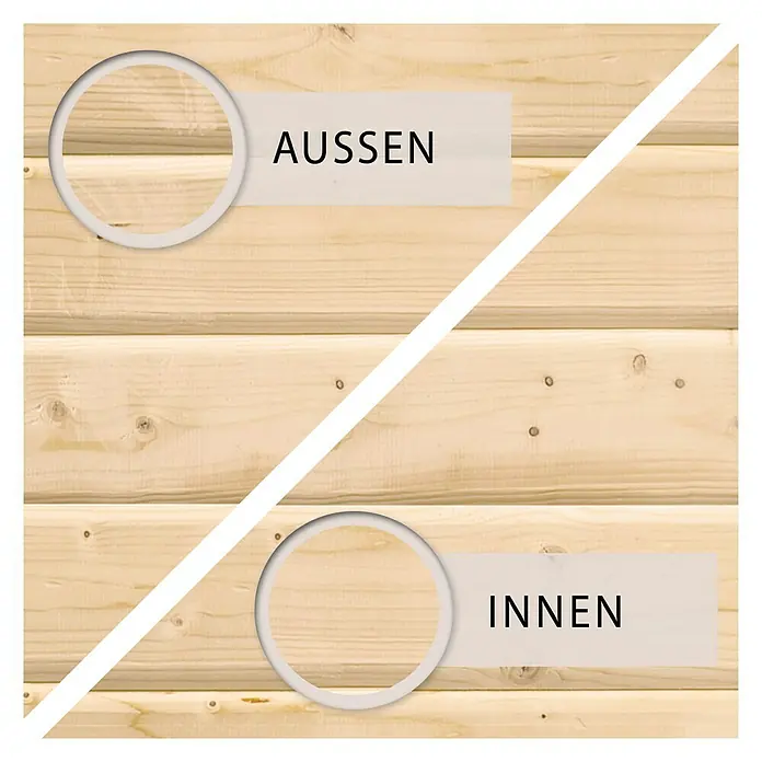 Karibu Saunahaus Suva 2 - Ohne Ofen, Natur, L x B x H: 231 x 337 x 227 cm - Bild einer Holzwand, die in Außen- und Innenbereich unterteilt ist, um Texturen und die Holzbearbeitung zu zeigen.