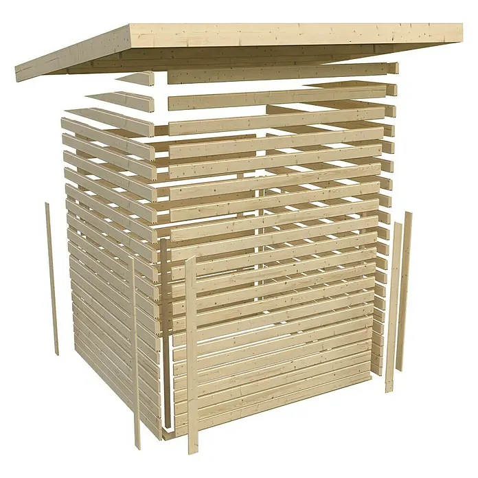Karibu Saunahaus Suva 2 - Ohne Ofen, Natur, L x B x H: 231 x 337 x 227 cm - Detailansicht einer Gartenhütte aus Holz, die ihre Bauweise und die einzelnen Holzbalken hervorhebt.