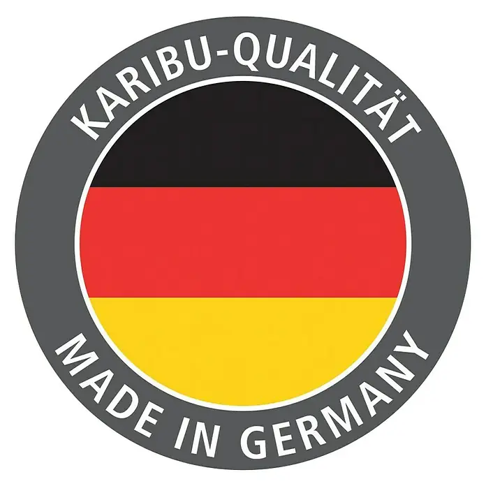 Karibu Saunahaus Suva 2 - Ohne Ofen, Natur, L x B x H: 231 x 337 x 227 cm - Karibu-Qualitätssiegel mit der deutschen Flagge und dem Schriftzug "Made in Germany".