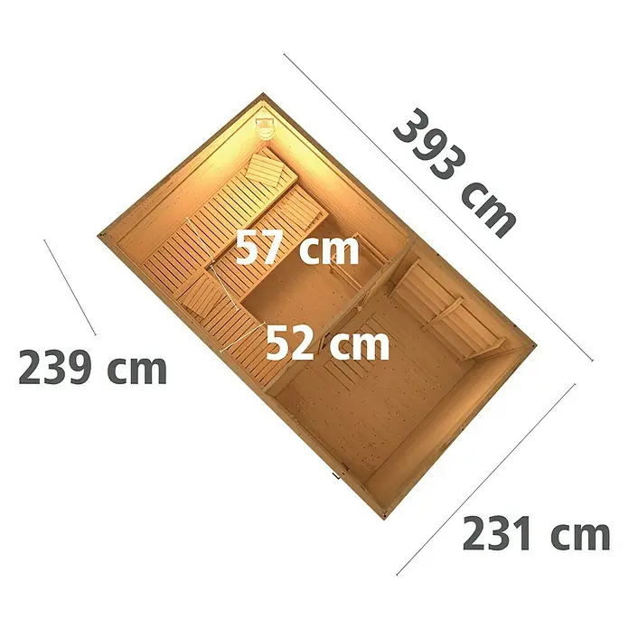 Karibu Saunahaus Suva 3 - Mit 9 kW Ofen mit externer Steuerung, Natur, L x B x H: 391 x 231 x 239 cm - Draufsicht eines Holzhauses mit den Maßen 393 cm x 239 cm x 231 cm und Innenmaßen von 57 cm x 52 cm.
