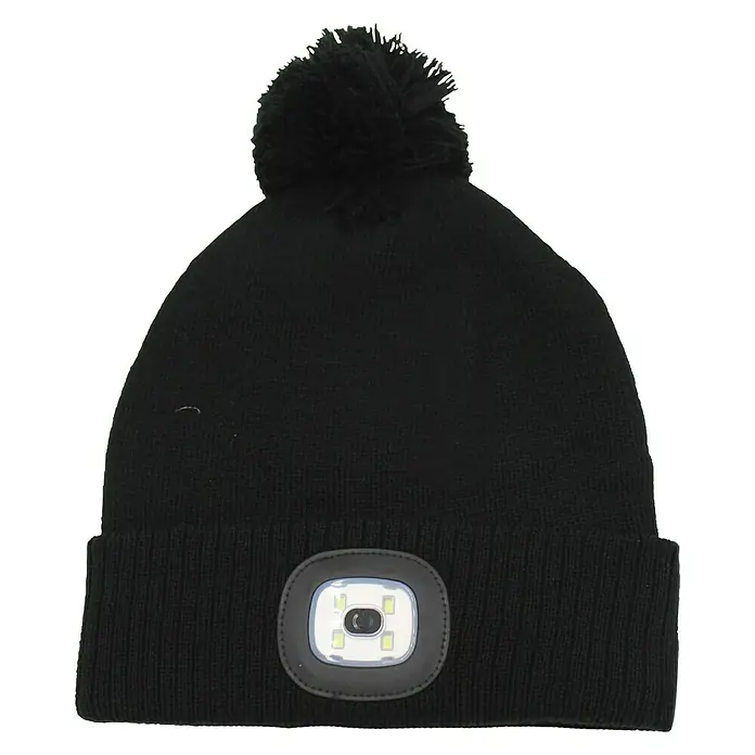 Steuber LED-Mütze - Blau, Mit Bommel - Schwarze Strickmütze mit LED-Leuchte und Bommel. Ideal für Outdoor-Aktivitäten bei Dunkelheit. Warm und funktional.