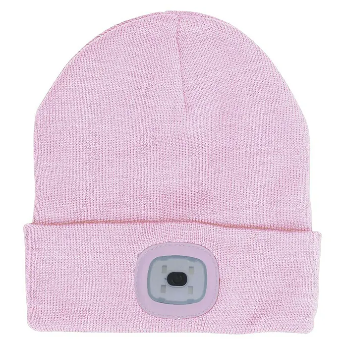Steuber LED-Kindermütze - Rosa, Größe: Universal - Nahaufnahme einer rosafarbenen Strickmütze mit integrierter LED-Lampe.