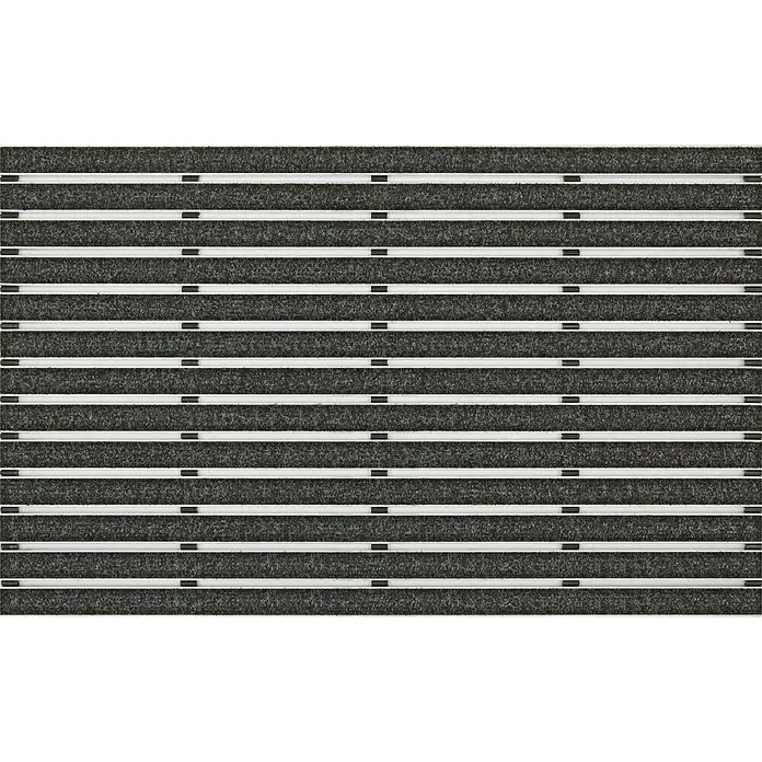 Fußmatte Excellent - Anthrazit, 49 x 80 cm, Aluminium - Nahaufnahme einer Fußmatte mit horizontalen Streifen und Unterbrechungen. Das Produkt bietet eine robuste und ansprechende Lösung für Eingangsberiche.