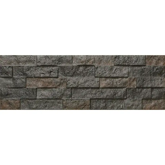 Verblendstein Irazu Antracita - 60 x 20 cm, Anthrazit, Steinoptik - Nahaufnahme einer Wandverkleidung mit dunklen, strukturierten Ziegeln, die eine rustikale und moderne Ästhetik vereinen.