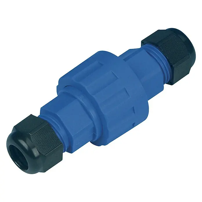 REV Kabelverbinder - Blau/Schwarz, Ø x L: 40,5 x 100 mm, IP68 - Nahaufnahme eines blauen Kabelverbinders mit schwarzen Endkappen, ideal zum wasserdichten Verbinden von Kabeln im Freien.