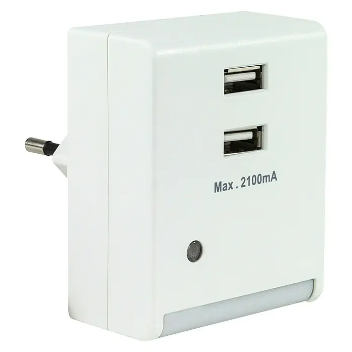 REV LED-Nachtlicht mit USB-Ladegerät - Weiß, Dämmerungsautomatik, Ladefunktion - Weißer USB-Ladegerät-Adapter mit zwei USB-Anschlüssen, Stecker und Nachtlichtfunktion für bequemes Aufladen und Beleuchtung.