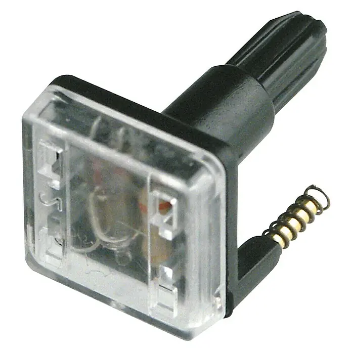 REV Glimmlampen-Einsatz - 250 V - Nahaufnahme einer Miniatur-Vakuumröhre mit durchsichtigem Gehäuse, schwarzem Sockel und einer spiralförmigen Feder an der Seite.