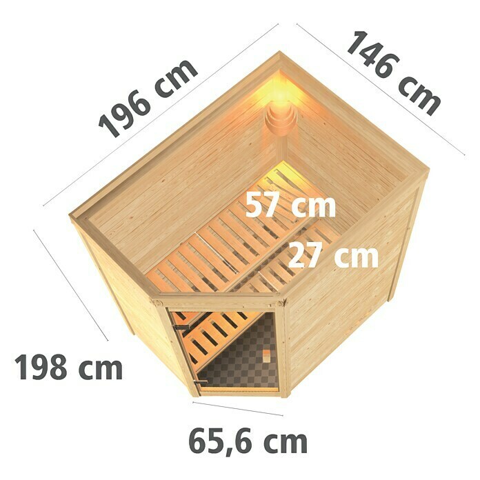 Karibu Massivholzsauna Svea (L x B x H: 146 x 196 x 198 cm, Materialspezifizierung Tür: Ganzglas Bronze, Ohne Dachkranz, Inklusive Ofenschutzgitter) | BAUHAUS