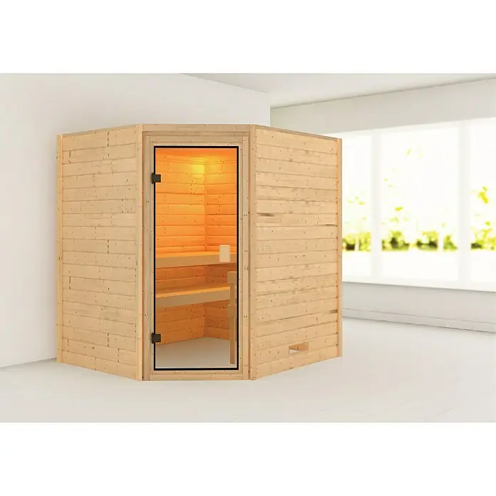 Karibu Massivholzsauna Mia - L x B x H: 170 x 196 x 198 cm, Materialspezifizierung Tür: Ganzglas Bronze, Inklusive Ofenschutzgitter, Ohne Dachkranz - Eine geräumige, aus hellem Holz gefertigte Ecksauna mit Glastür, die für Entspannung und Wohlbefinden sorgt.