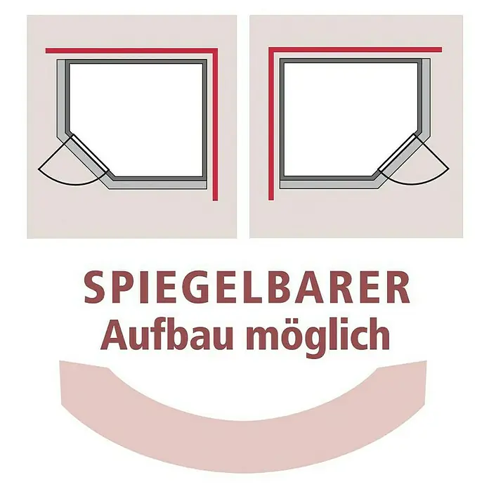 Karibu Massivholzsauna Mia - L x B x H: 184 x 224 x 202 cm, Materialspezifizierung Tür: Ganzglas Graphit, Inklusive Ofenschutzgitter, Mit Dachkranz und Beleuchtung - Das Bild zeigt eine Produktzeichnung, die einen Eckschrank mit einer Schwenktür darstellt. Der Schrank kann sowohl links als auch rechts montiert werden.