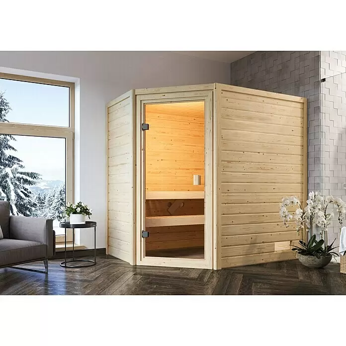 Karibu Massivholzsauna Jella - L x B x H: 145 x 195 x 187 cm, Ohne Dachkranz, Inklusive Ofenschutzgitter - Stimmungsaufnahme