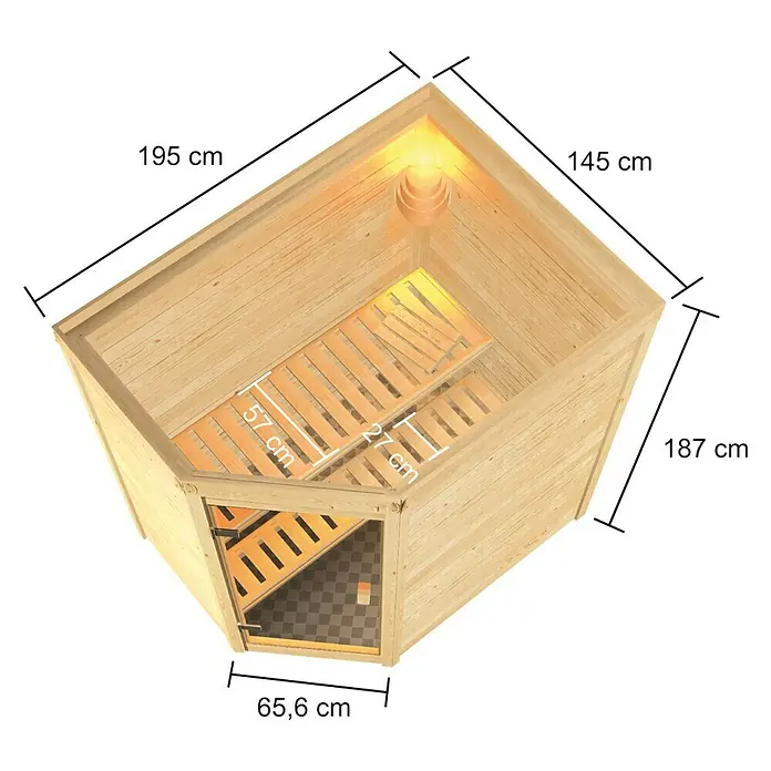 Karibu Massivholzsauna Jella - L x B x H: 145 x 195 x 187 cm, Ohne Dachkranz, Inklusive Ofenschutzgitter - Abbildung einer Ecksauna mit Glasfront und hellen Holzelementen, inklusive Maßangaben der einzelnen Seiten.