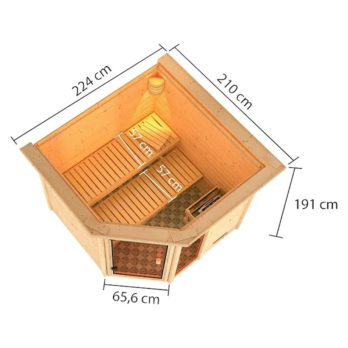 Karibu Massivholzsauna Tabea - L x B x H: 210 x 224 x 191 cm, Mit 9 kW Ofen mit externer Steuerung, Mit Dachkranz und Beleuchtung - Darstellung einer Ecksauna mit Holzverkleidung und Bänken. Die Sauna bietet Entspannung und Wärme.