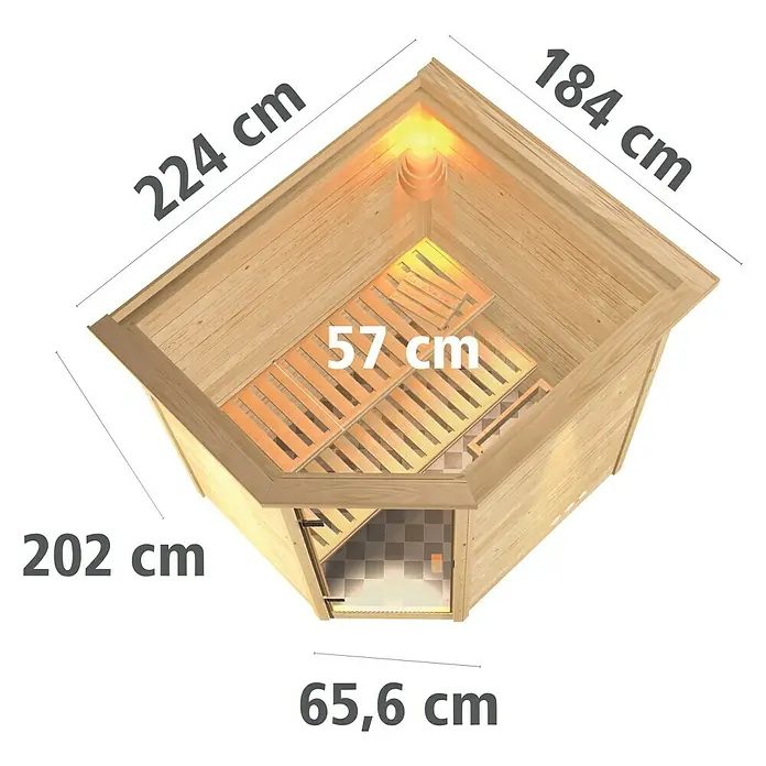 Karibu Massivholzsauna Mia - L x B x H: 184 x 224 x 202 cm, Materialspezifizierung Tür: Massivholz, Inklusive Ofenschutzgitter, Mit Dachkranz und Beleuchtung - Abbildung einer Ecksauna mit den Maßen 224 cm, 184 cm, 202 cm, 57 cm und 65,6 cm, die die Abmessungen und die Raumaufteilung zeigt.