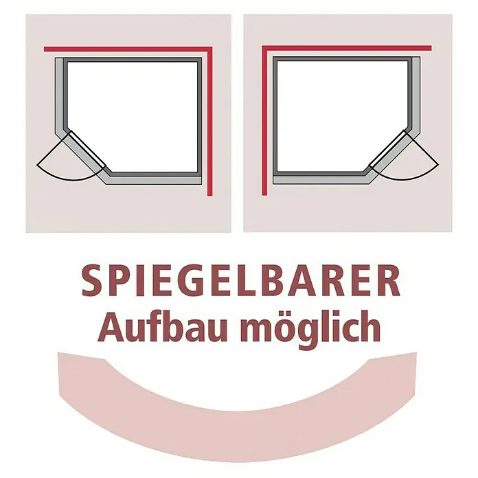 Karibu Massivholzsauna Mia - L x B x H: 184 x 224 x 202 cm, Materialspezifizierung Tür: Massivholz, Inklusive Ofenschutzgitter, Mit Dachkranz und Beleuchtung - Bild mit zwei Layoutoptionen für eine Eckdusche, wobei die Tür entweder links oder rechts angebracht werden kann, um die Installation zu erleichtern.