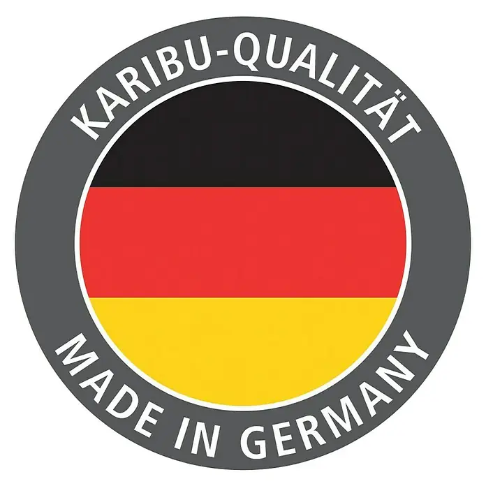 Karibu Massivholzsauna Mia - L x B x H: 184 x 224 x 202 cm, Materialspezifizierung Tür: Massivholz, Inklusive Ofenschutzgitter, Mit Dachkranz und Beleuchtung - Abbildung eines Qualitätssiegels „Karibu-Qualität“ mit der Deutschlandflagge und dem Schriftzug „Made in Germany“.