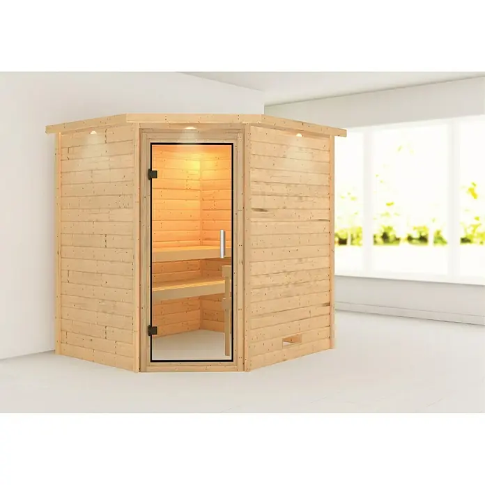 Karibu Massivholzsauna Mia - L x B x H: 184 x 224 x 202 cm, Materialspezifizierung Tür: Ganzglas Klar, Inklusive Ofenschutzgitter, Mit Dachkranz und Beleuchtung - Ecksauna mit Glastür und Holzverkleidung für entspannende Momente im eigenen Zuhause. Perfekt für Wellness und Entspannung.