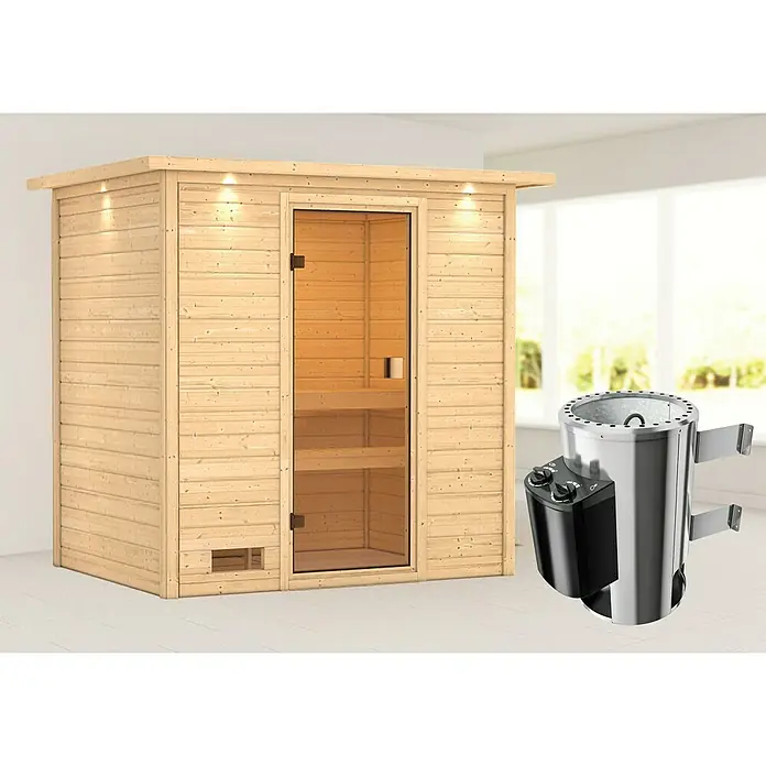 Karibu Massivholzsauna Selena - L x B x H: 159 x 223 x 191 cm, 3,6 kW Saunaofen mit integrierter Steuerung, Mit Dachkranz und Beleuchtung - Abbildung einer Holzsauna mit Glastür und einem Saunaofen aus Edelstahl. Die perfekte Wellness-Oase für zu Hause.