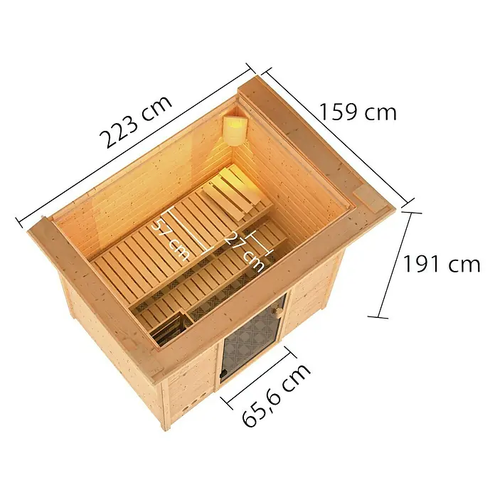 Karibu Massivholzsauna Selena - L x B x H: 159 x 223 x 191 cm, 3,6 kW Saunaofen mit integrierter Steuerung, Mit Dachkranz und Beleuchtung - Abbildung einer rechteckigen Sauna mit den Maßen 223 x 159 x 191 cm und Details wie Bänken und Tür.