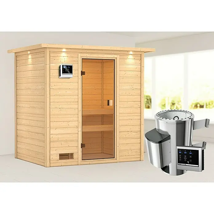 Karibu Massivholzsauna Selena - L x B x H: 159 x 223 x 191 cm, 3,6 kW Saunaofen mit multifunktionaler Steuerung, Mit Dachkranz und Beleuchtung - Sauna mit Holzwänden, Glastür und einem Ofen mit digitalem Bedienfeld für ein entspannendes Saunaerlebnis.