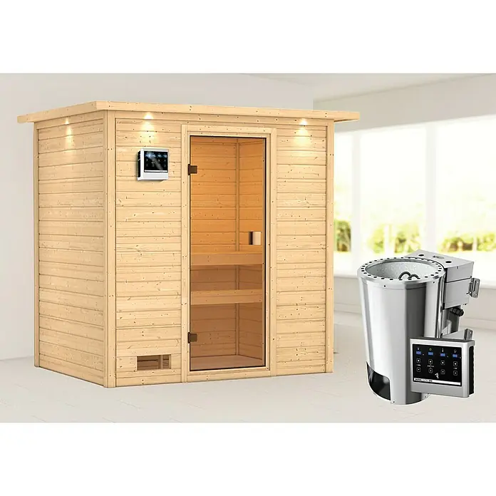 Karibu Massivholzsauna Selena - L x B x H: 159 x 223 x 191 cm, 3,6 kW Bio-Saunaofen mit multifunktionaler Steuerung, Mit Dachkranz und Beleuchtung - Das Bild zeigt eine moderne Holzsauna mit Glastür und einem silbernen Saunaofen inklusive Steuerung. Perfekt für entspannende Wellnessmomente.