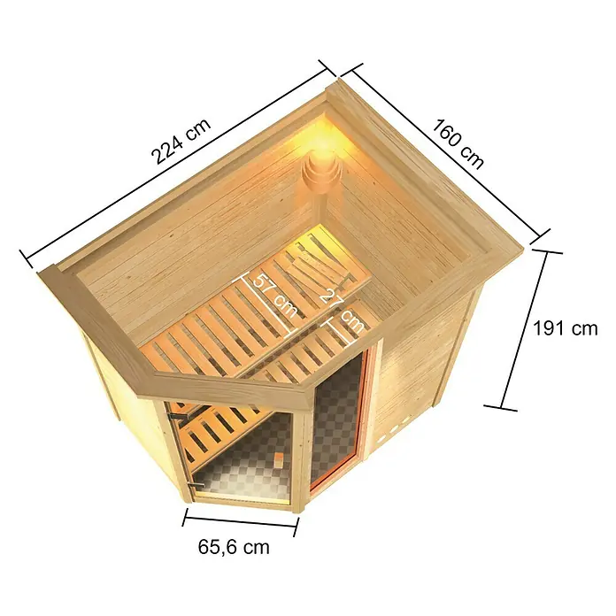 Karibu Massivholzsauna Jada - L x B x H: 160 x 224 x 191 cm, Ohne Ofen, Mit Dachkranz und Beleuchtung - Illustration einer Holzsauna mit Größenangaben. Abmessungen: 224 cm, 190 cm, 191 cm, 65,5 cm; Sitzfläche: 57 cm und 27 cm.