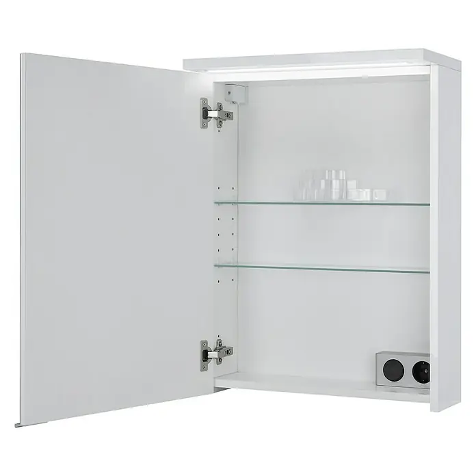 Riva LED-Spiegelschrank LindaB x H: 50 x 67,2 cm, Holz, Weiß - Abbildung eines offenen, weißen Spiegelschranks mit Glasablagen und eingebauter Steckdose für Badezimmeraccessoires.