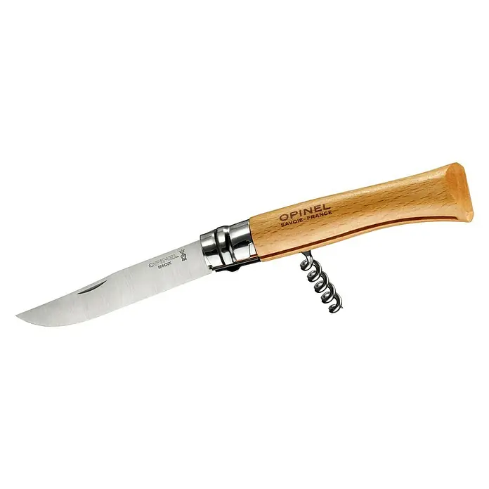 Opinel Taschenmesser No.10 - Klingenlänge: 99 mm, Holzoptik - Nahaufnahme eines Opinel-Taschenmessers mit Korkenzieher, ideal für Outdoor-Enthusiasten und Weinliebhaber.