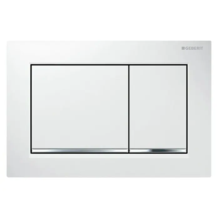 Geberit Betätigungsplatte Omega 30 - 115.080.KJ.1 - Weiß/Chrom, 2-Mengen-Spülung - Ein Geberit Betätigungsplatte in Weiß mit zwei Tasten. Das elegante Design passt perfekt in moderne Badezimmer.
