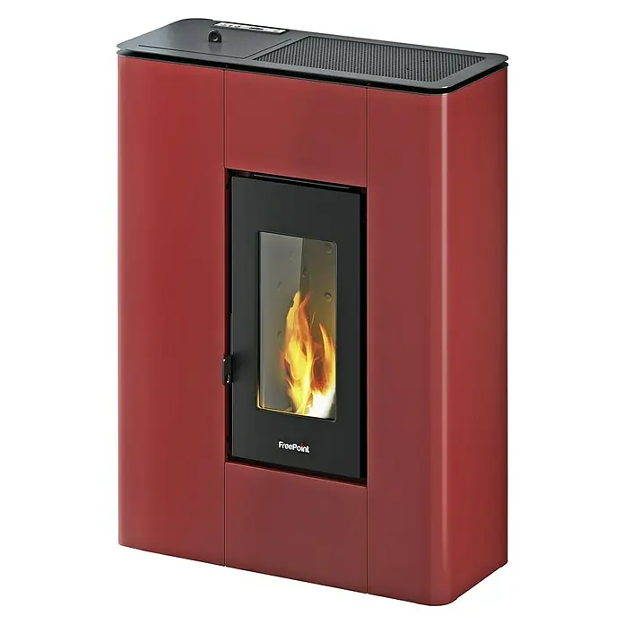 FreePoint Pelletofen Atrium - 5,2 kW, Raumheizvermögen: 61 m³ - 125 m³, 0,57 kg/h - 1,25 kg/h, Bordeaux - Roter FreePoint Pelletofen mit Flammen im Inneren, ein elegantes und effizientes Heizgerät für Ihr Zuhause mit modernem Design.