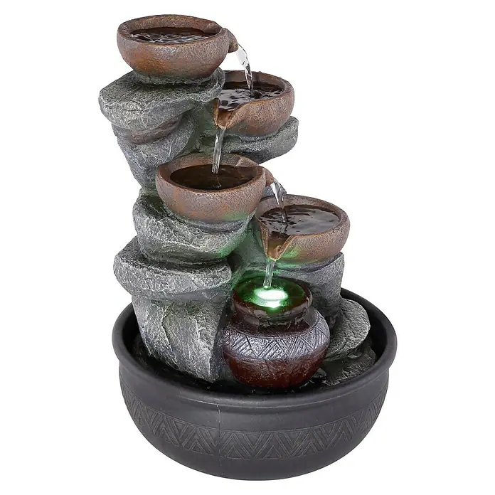 Globo Zimmerbrunnen Fontana - Ø x H: 25 x 40 cm, Kunststoff - Dekorativer Zimmerbrunnen mit Schalen und Wasserkaskaden, beleuchtet mit LED-Lichtern, für eine entspannende Atmosphäre im Raum.