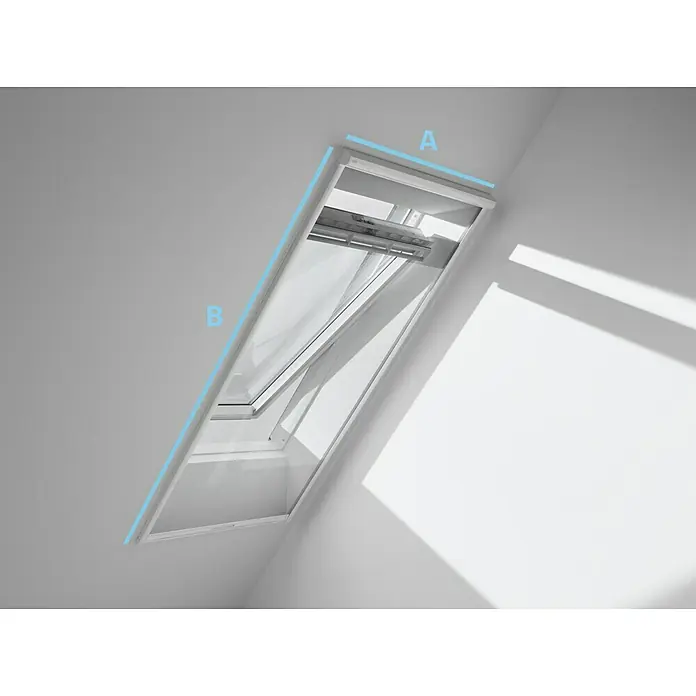 Velux Dachfensterrollo Insektenschutz ZIL UK10 0000SWL - Farbe: Weiß, Passend für Fenstergröße: UK10 - Das Bild zeigt ein Dachfenster, das mit den Buchstaben A und B zur Kennzeichnung von Maßen versehen ist, und bietet eine gute Übersicht.