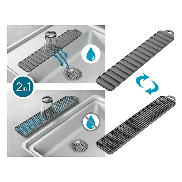 Metaltex Abtropfmatte Gravity Slim - 8 x 40 cm, Grau - Flexibler Spülbecken-Organizer: Das wendbare Design bietet Abtropffläche und Arbeitsfläche für Spüle. Praktisch und vielseitig.
