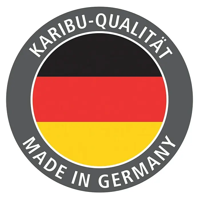 Karibu Massivholzsauna Antonia - Elektroofen, Steuerung Ofen: Integriert, L x B x H: 145 x 145 x 187 cm, Ohne Dachkranz - Qualitätssiegel "Karibu-Qualität Made in Germany" mit den deutschen Nationalfarben, das die Herkunft und Güte des Produkts hervorhebt.
