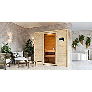Karibu Massivholzsauna Selena (Mit 4,5 kW Bio-Ofen mit externer Steuerung, Ohne Dachkranz, Material Tür: Ganzglas Bronze, 145 x 195 x 187 cm)