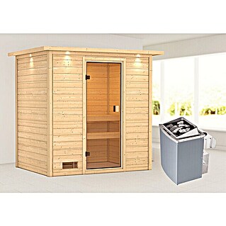 Karibu Massivholzsauna Selena (Mit 4,5 kW Saunaofen mit integrierter Steuerung, Mit Dachkranz und Beleuchtung, Material Tür: Ganzglas Bronze, 159 x 223 x 191 cm)