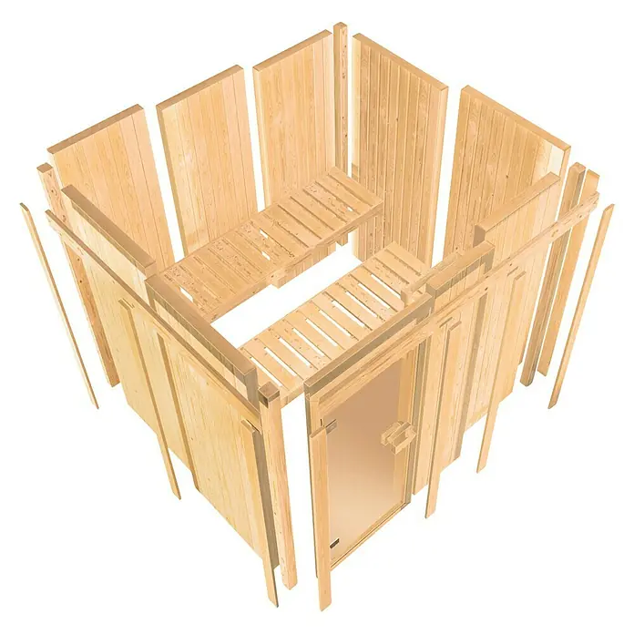 Karibu Elementsauna Kotka - Mit 9 kW Bio-Ofen mit externer Steuerung, L x B x H: 196 x 196 x 198 cm - Isometrische Ansicht einer modularen Holzsauna mit Holzbänken und Glastür, die ihre flexible Bauweise hervorhebt.