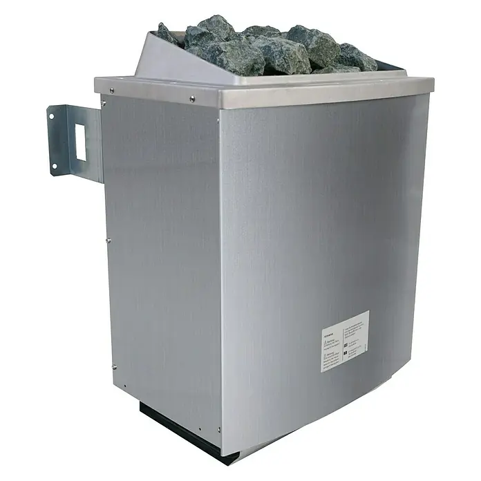 Karibu Elementsauna Kotka - Mit 9 kW Bio-Ofen mit externer Steuerung, L x B x H: 196 x 196 x 198 cm - Aufnahme eines Saunaofens aus Edelstahl, gefüllt mit dunklen Saunasteinen, ideal für ein entspannendes Saunaerlebnis.
