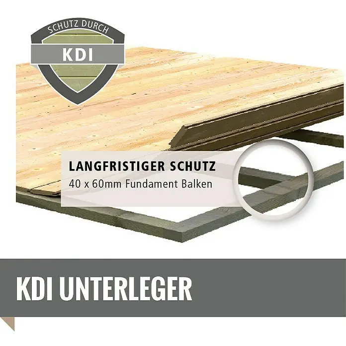 Karibu Gartenhaus Tintrup - Holz, Terragrau, Weiß - Bild zeigt KDI Unterleger mit 40 x 60 mm Fundament Balken für langfristigen Schutz.