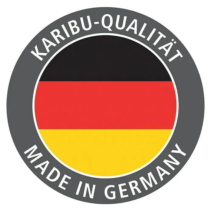 Karibu Gartenhaus Tintrup - Holz, Terragrau, Weiß - Karibu-Qualitätssiegel "Made in Germany" mit den Farben der deutschen Flagge, das für Qualität und Herkunft aus Deutschland steht.