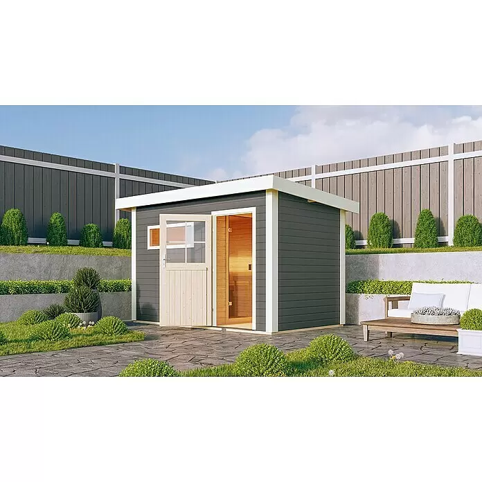Karibu Saunahaus Suva 1 - Mit 9 kW Ofen mit externer Steuerung, Terragrau/Weiß, L x B x H: 196 x 337 x 228 cm - Stimmungsaufnahme